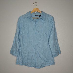 Ecologie Womens 12 Blue Linen Embroidery Button Down Collared Top Shirt Floral